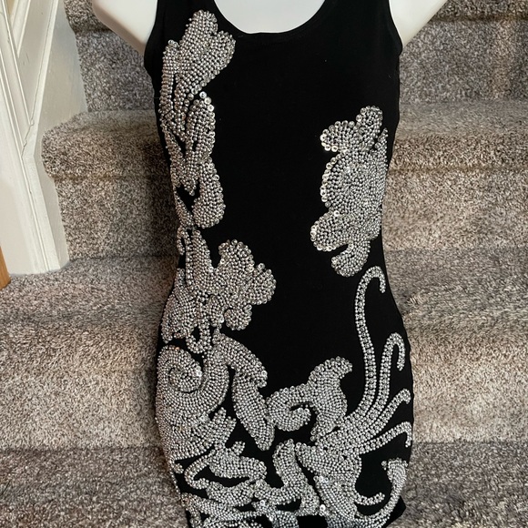 PlAttitudes by Debra Black Beaded Spandex fitted Mini Dress GORGEOUS Sz. S - Picture 2 of 10